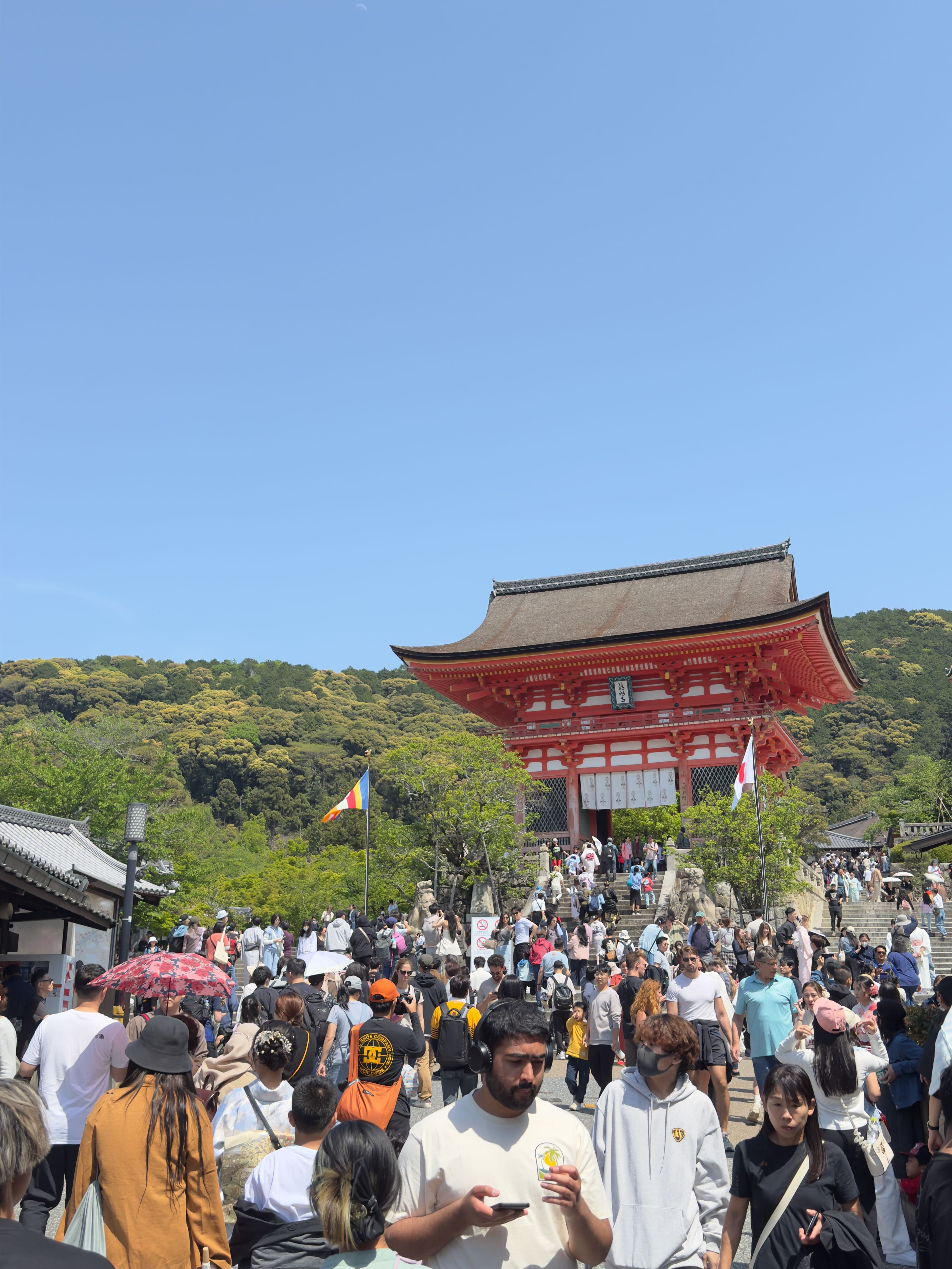 Kiyomizudera temple wooden stage overlooking forested hills of Kyoto Japan