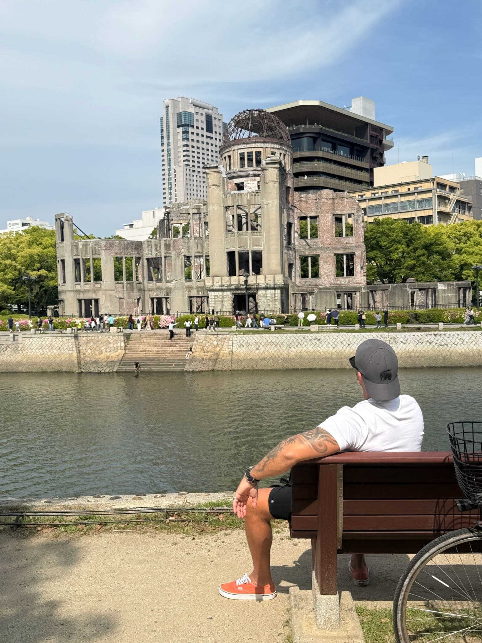 Close-up view of the Atomic Bomb Dome ruins in Hiroshima, Japan